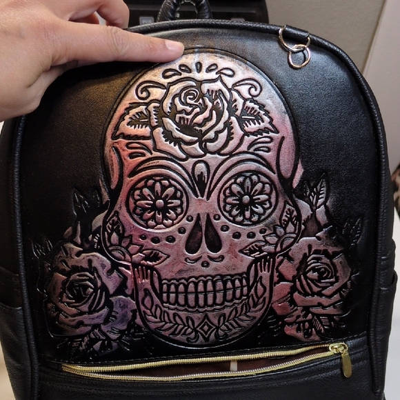 Black Leather Sugar Skull Dia De Los Muertos Mini Backpack - Picture 5 of 9